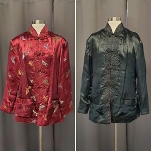 Cheongsam Qipao Reversible Red and Black Oriental Robe Butterfly Pattern Coat Lg